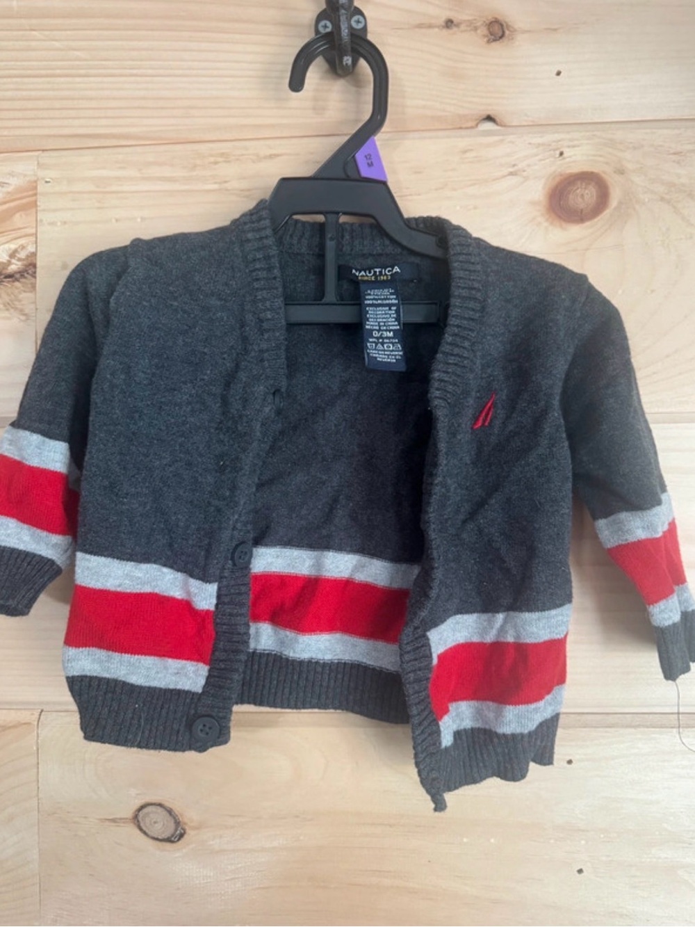 Nautica Toddler Charcoal Knit Cardigan with Red & Light Gray Stripes
